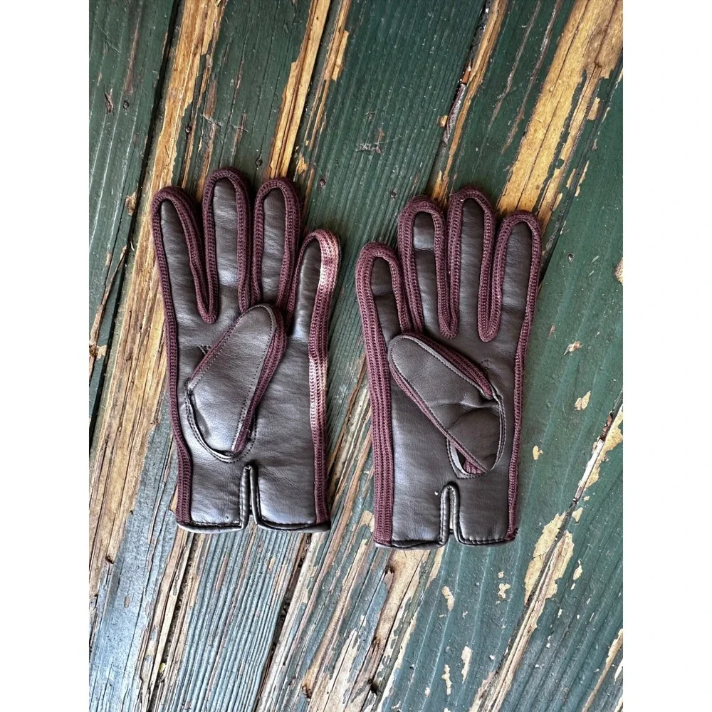 Vintage Brown Vinyl and Burgundy Knit Lined Gloves Ladies Size B RN 50425